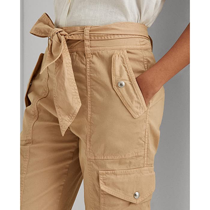 Ralph Lauren Womens Pants Micro-Sanded Twill Cargo Self Belt Bow Tan Cotton