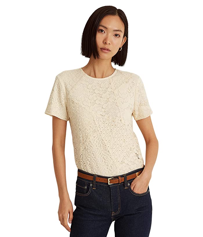 Lauren Ralph Lauren Womens Patchwork Lace Short-Sleeve Blouse, 10 Winter Cream