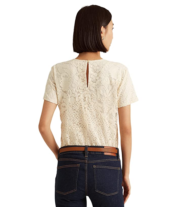 Lauren Ralph Lauren Womens Patchwork Lace Short-Sleeve Blouse, 10 Winter Cream