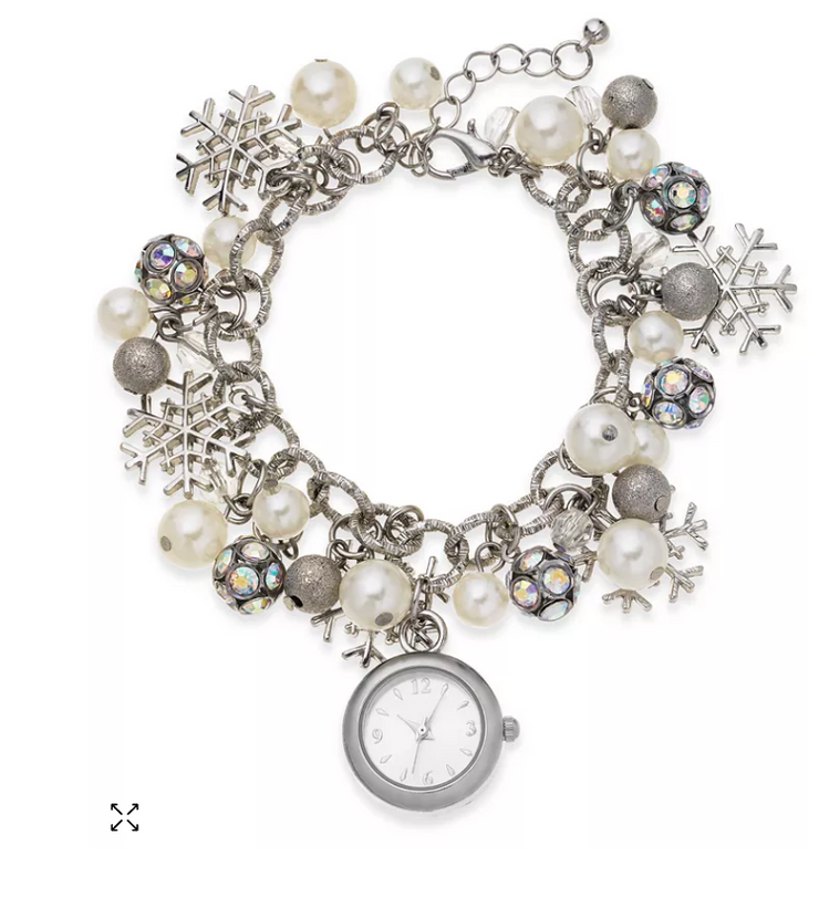 Holiday Lane Womens Snowflake Silver-Tone Charm Bracelet Watch 26mm