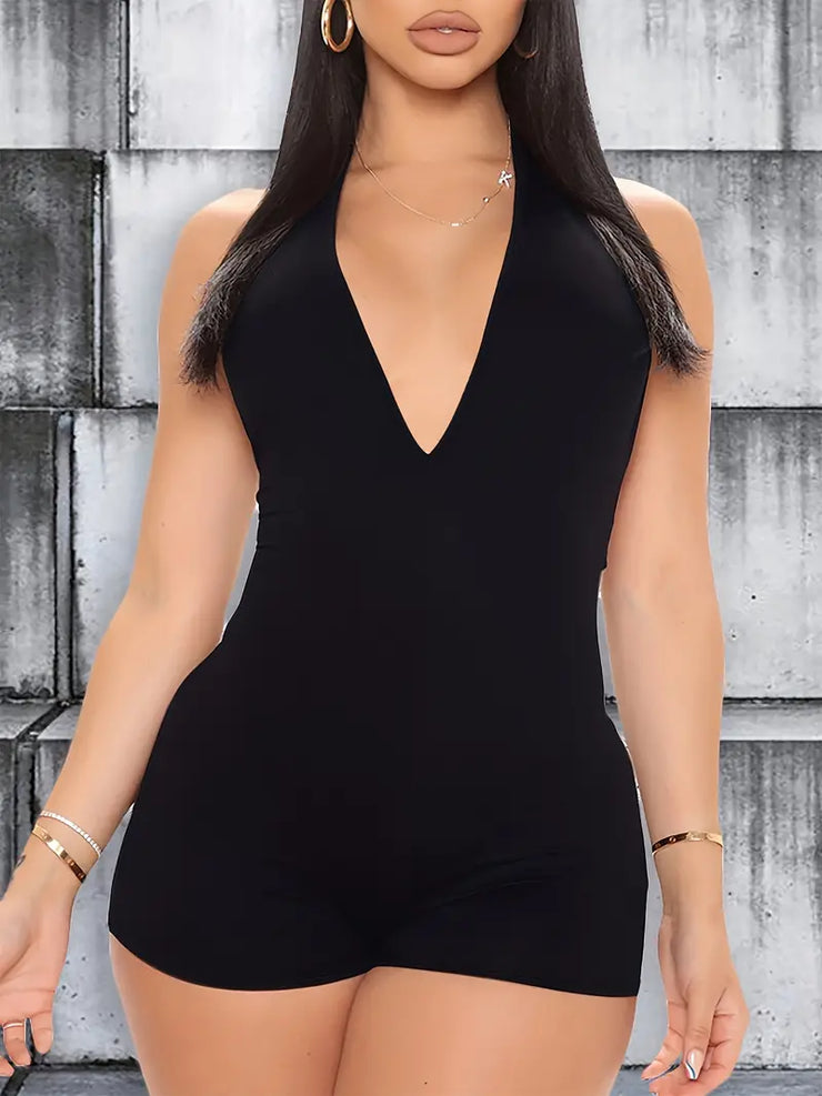 Plunging Halter Neck Romper, Sexy Solid Bodycon Sleeveless Romper, Size M/Black