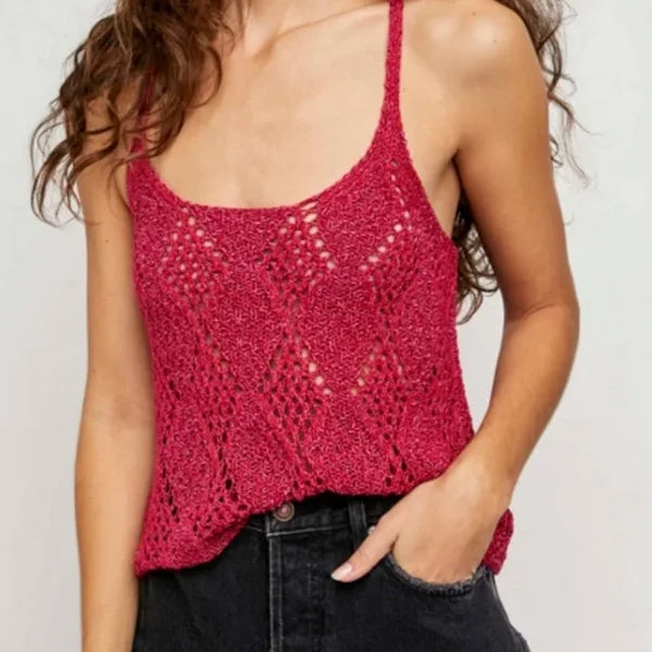 Free People Women’s Glisten Crochet Knit Cami Tank Top Love Potion Pink, Large