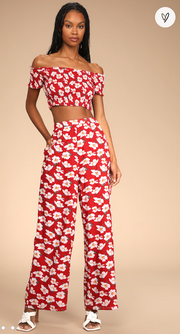 Lulus Flirty Flowers Red Floral Print Smocked Two-Piece Jumpsuit, Size Large
