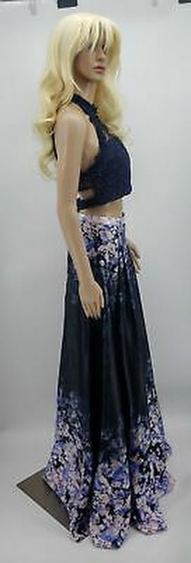 City Studios Juniors  2-Pc. Glitter Lace Top and Floral Skirt Navy,  Size 7