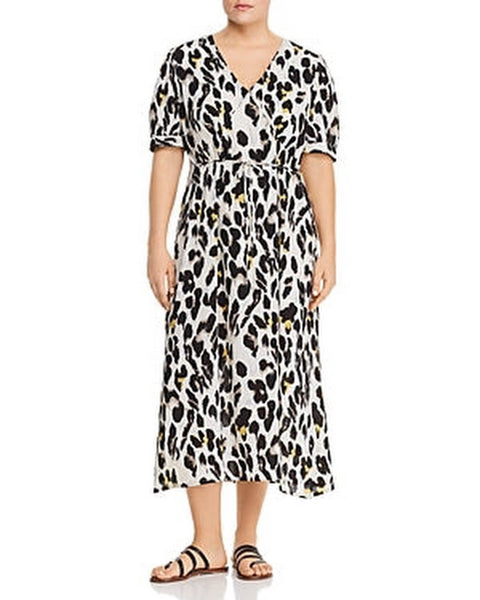 Lost Ink Womens Plus Puff Sleeve Animal Print MIDI Dress