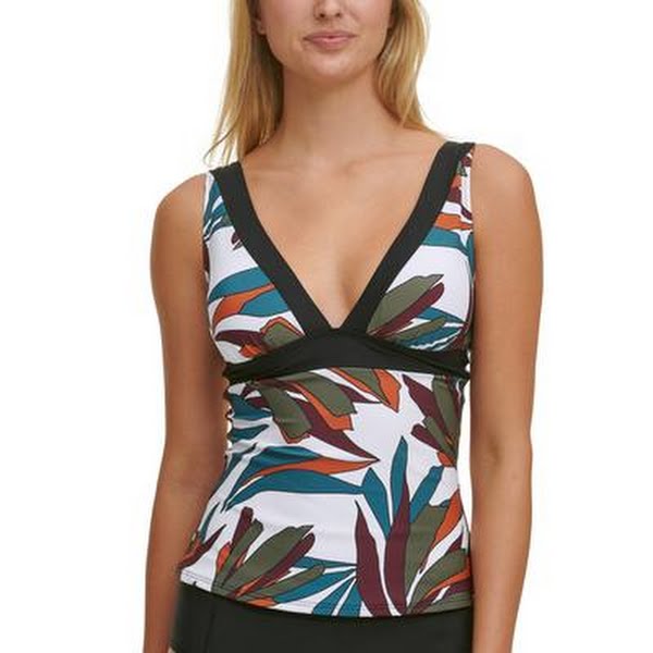 Dkny Printed Lined Molded Cups Adjustable Deep V Neck Tankini Top, Size XS