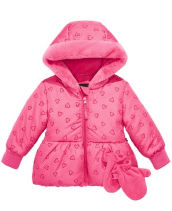 S Rothschild & Co Baby Girls Quilted-Heart Hooded Jacket & Mittens