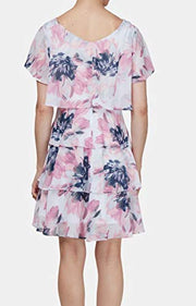 SLNY Sleeveless Floral Print Tier Shift Chiffon Dress, Ivory Multicolor, Size 6