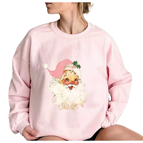 YAFINMO Womens Pink Christmas Sweatshirt Novelty Funny Santa Xmas Tree Graphic Pullover Tops Loose Casual Crewneck Shirts