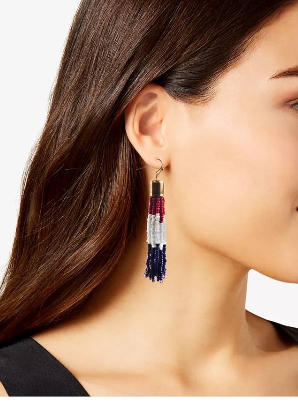 Holiday Lane Gold-Tone Red, White and Blue Seed Bead Tassel Drop Earrings