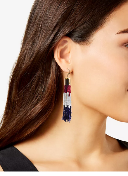 Holiday Lane Gold-Tone Red, White and Blue Seed Bead Tassel Drop Earrings