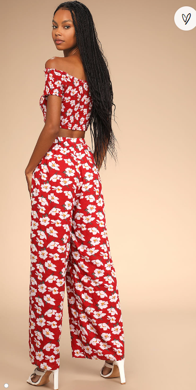 Lulus Flirty Flowers Red Floral Print Smocked Two-Piece Jumpsuit, Size Large