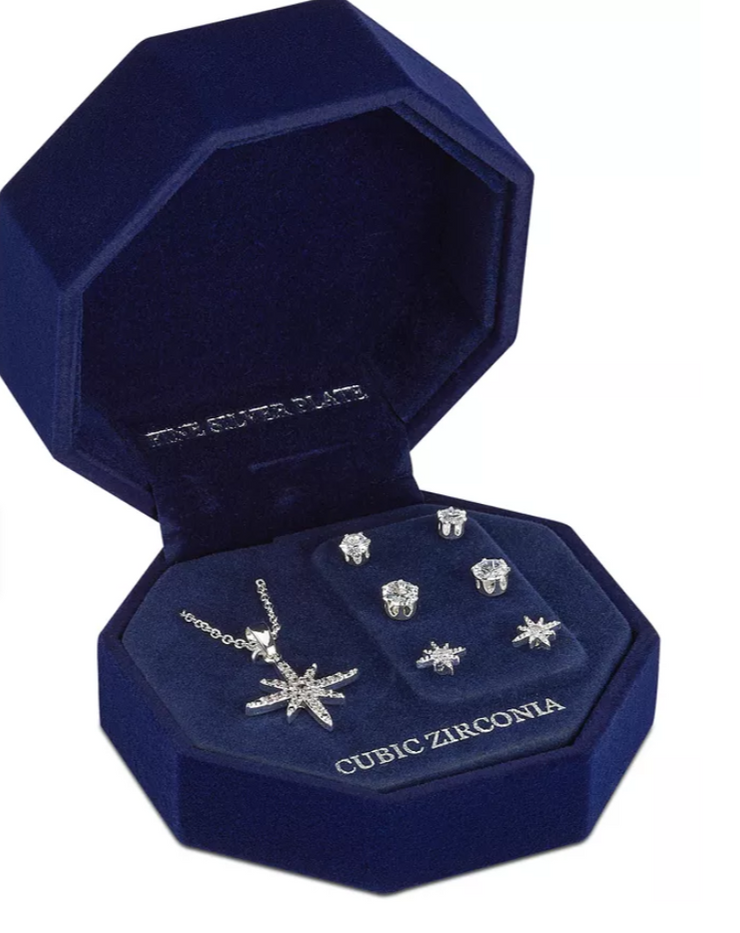 Macys Cubic Zirconia Starburst Pendant Necklace and 3-PC. Stud Earrings Set