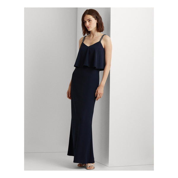 Lauren Ralph Lauren Womens Navy Sleeveless Maxi Evening Blouson Dress