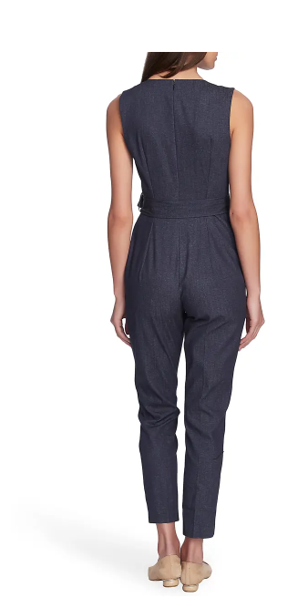 Vince Camuto Sleeveless Faux-Denim Belted Jumpsuit, Size 4