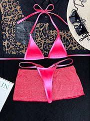 WDIRARA Women's Micro Halter Cheeky 3 Piece Thong Bikini Set with Mesh Cover Up Skirt