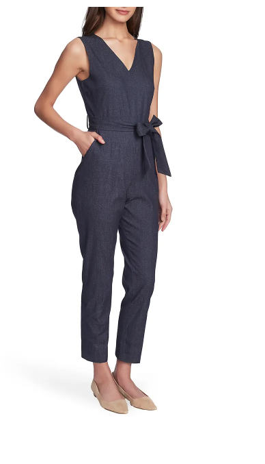 Vince Camuto Sleeveless Faux-Denim Belted Jumpsuit, Size 4