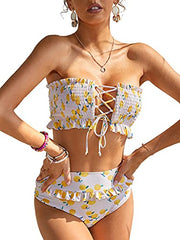 MOLYBELL Women Cute Shirred Bandeau Bikini Sets High Waisted Strapless Girls Bathing Suit Ruffled Tummy Control Swimsuit