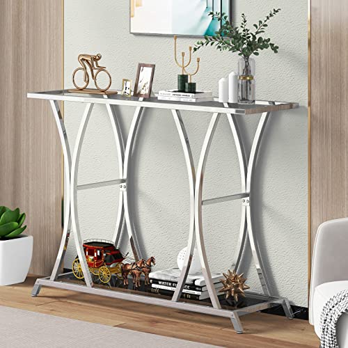 ASYA 2-Tier Glass Entryway Table, Console Tables for Entryway with Chrome Frame, Silver Glass Sofa Table for Entryway, Living Room, Chrome Finish