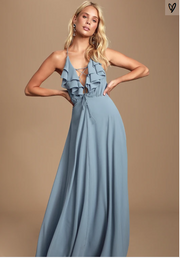 Lulus Meridith Slate Blue Ruffled Lace-Up Maxi Dress, Size Medium