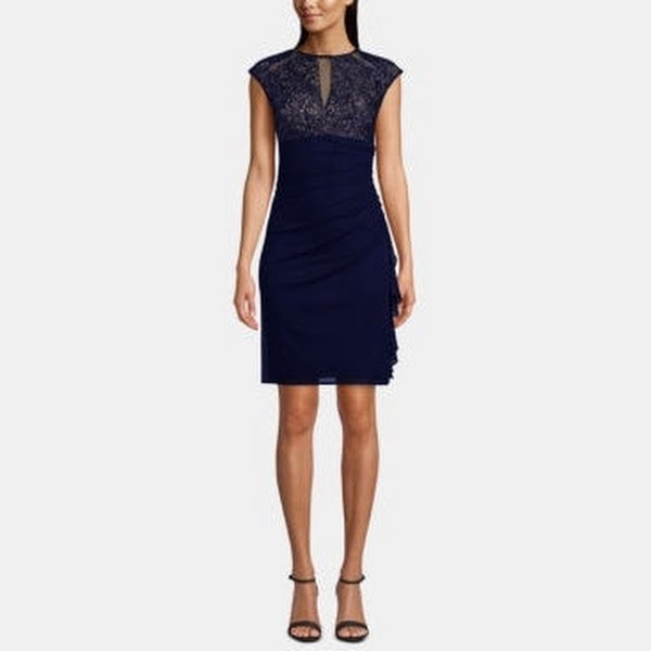 b&a by betsy & adam ruched lace sheath dress Betsy & Adam Matte Jersey Lace Mock Neck Sleeveless Ruched Sheath Gown