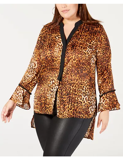 NY Collection Women Blouse Brown High Low Cheetah, Size 2XP