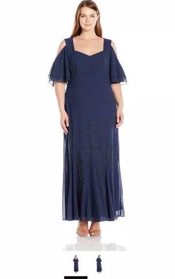 R&M Richards Women's Size Cold Shoulder Long Beaded Dress Plus, Navy, 14W