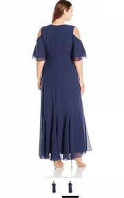 R&M Richards Women's Size Cold Shoulder Long Beaded Dress Plus, Navy, 14W