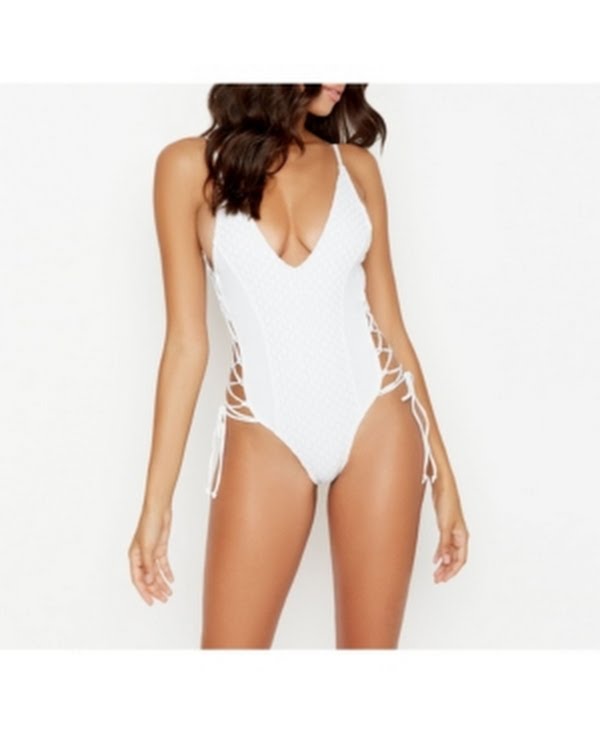 Ris-K Womens White Net-Overlay Lace-Up Sides Expedition One Piece Swimsuit S