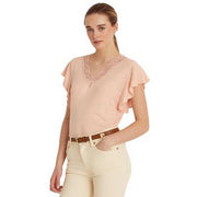 Lauren Ralph Lauren Womens Linen-Blend Jersey Flutter-Sleeve T-Shirt