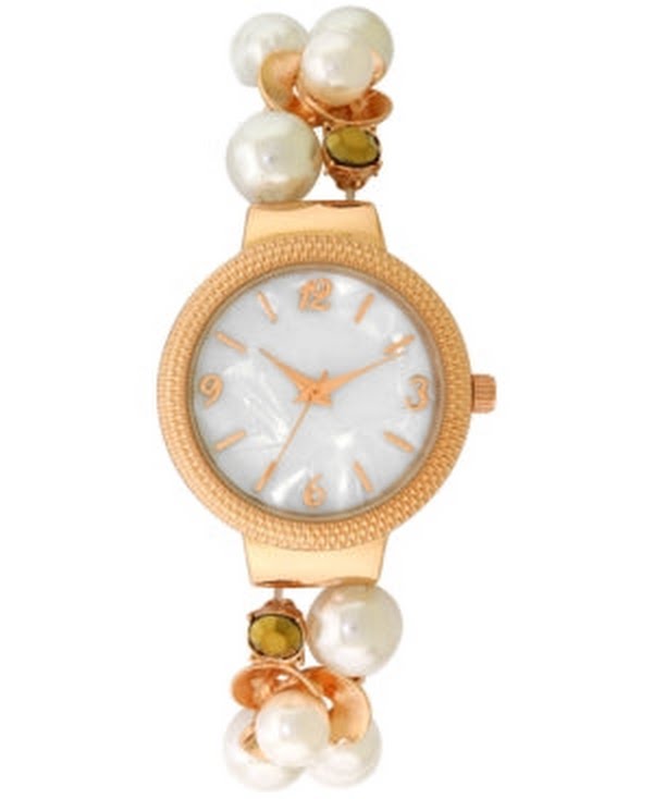 Inc Womens Rose Gold-Tone Crystal and Imitation Pearl Stretch Watch 32mm