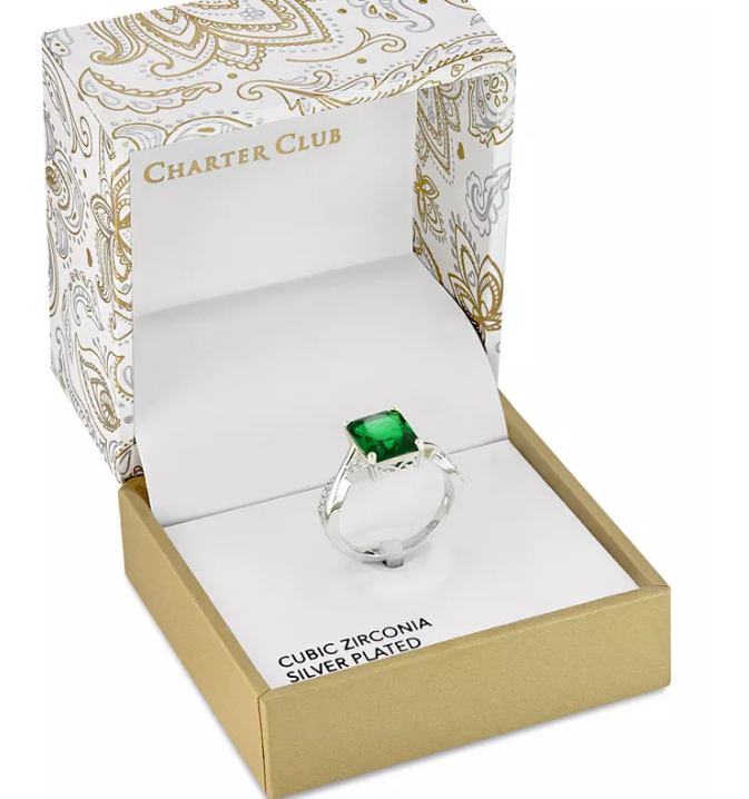 Charter Club Silver Plated Pave and Green Emerald-Cut Crystal Twist Ring, Size 8