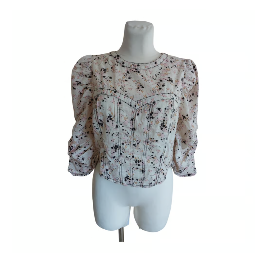 Free People Corset Style Puff Sleeve Floral Open Back Top, Beige, Size Large