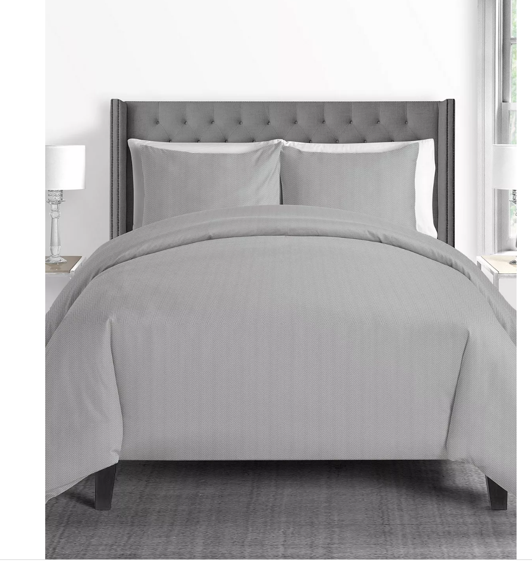 Sunham 625-Thread-Count Full / Queen Duvet Cover 3-Piece Set Silver Herringbone