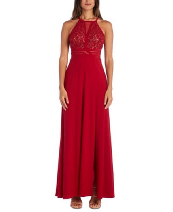 Morgan & Company Juniors Sequined Lace Halter Gown