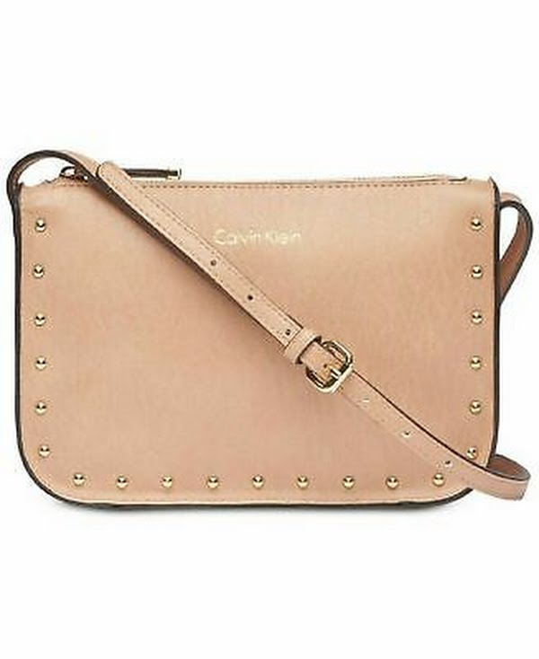 Calvin Klein Cashew Tan Crossbody Shoulder Bag Studs Top Zip Medium