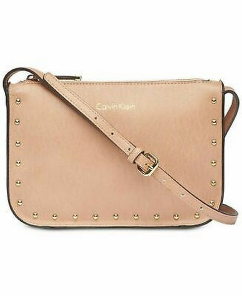 Calvin Klein Cashew Tan Crossbody Shoulder Bag Studs Top Zip Medium