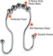 Goowin Shower Curtain Hooks, 12 Pcs Shower Curtain Rings, Stainless Steel Roller