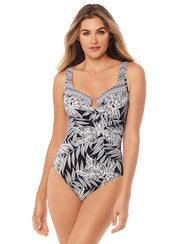 Miraclesuit Women’s Tropical-Print One-Piece Swimsuit – Black White – Size 8