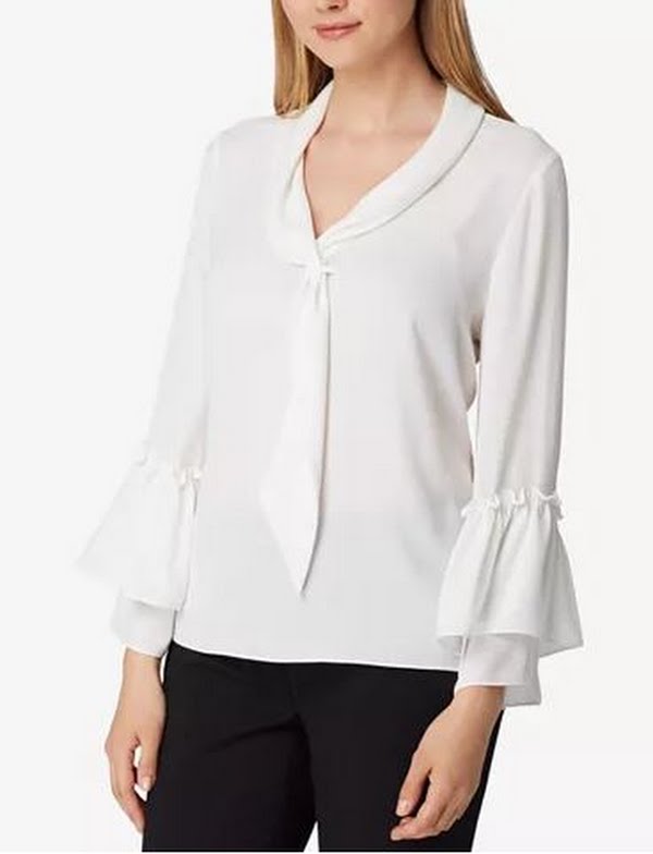 Tahari ASL Tie-Neck Ruffle-Sleeve Blouse, Size XL