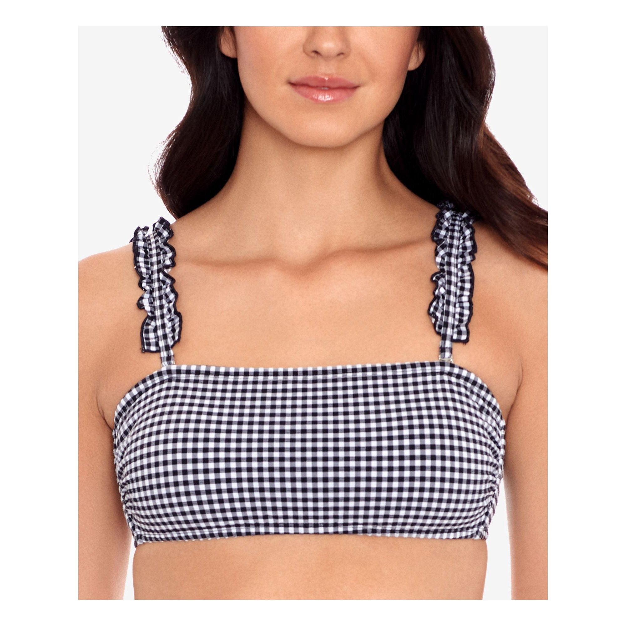 Salt + Cove Black Gingham Stretch Bandeau Ruffled Swimsuit Top, Size Small