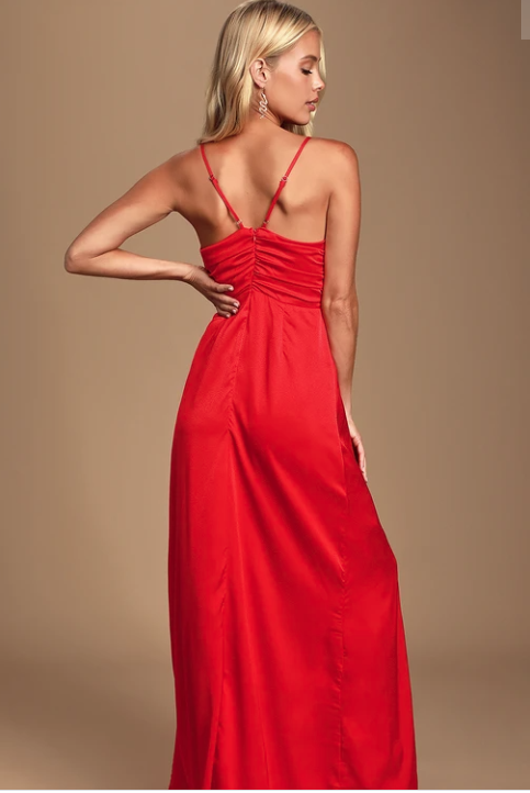 Lulus Renata Red Print Satin Maxi Dress, Size Medium