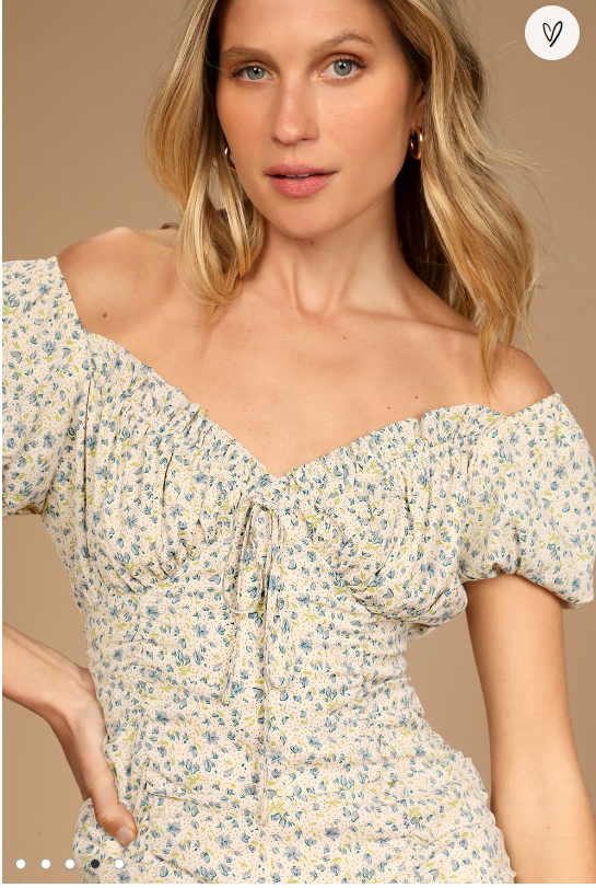 Lulus Reason To Be Cream Floral Print Off-the-Shoulder Mini Dress, Size Large