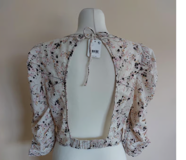 Free People Corset Style Puff Sleeve Floral Open Back Top, Beige, Size Large