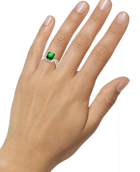 Charter Club Silver Plated Pave and Green Emerald-Cut Crystal Twist Ring, Size 8