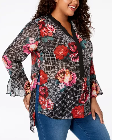 NY Collection Womens Plus Size Chiffon Bell-Sleeve Tunic, Size 1X