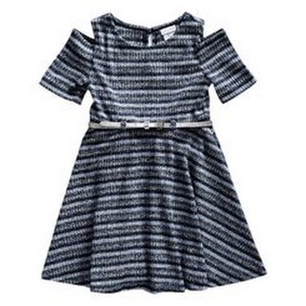 Youngland Girls Cold Shoulder Rib Knit Belted Skater Dress, Blue, Size 6X