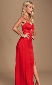 Lulus Renata Red Print Satin Maxi Dress, Size Medium