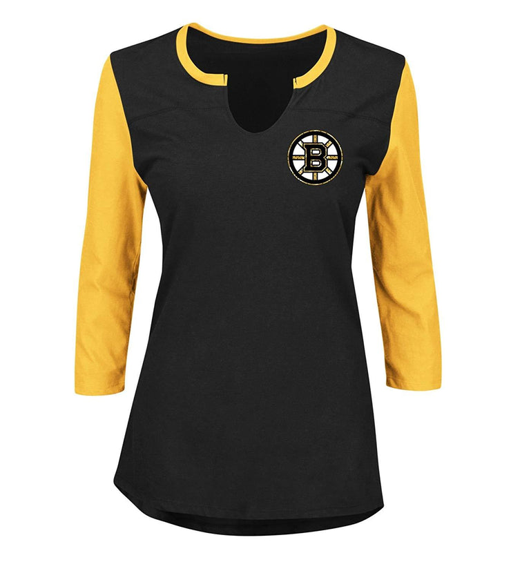NHL Boston Bruins Glowing Passion 3/4 Sleeve Notch Neck Tee, Large