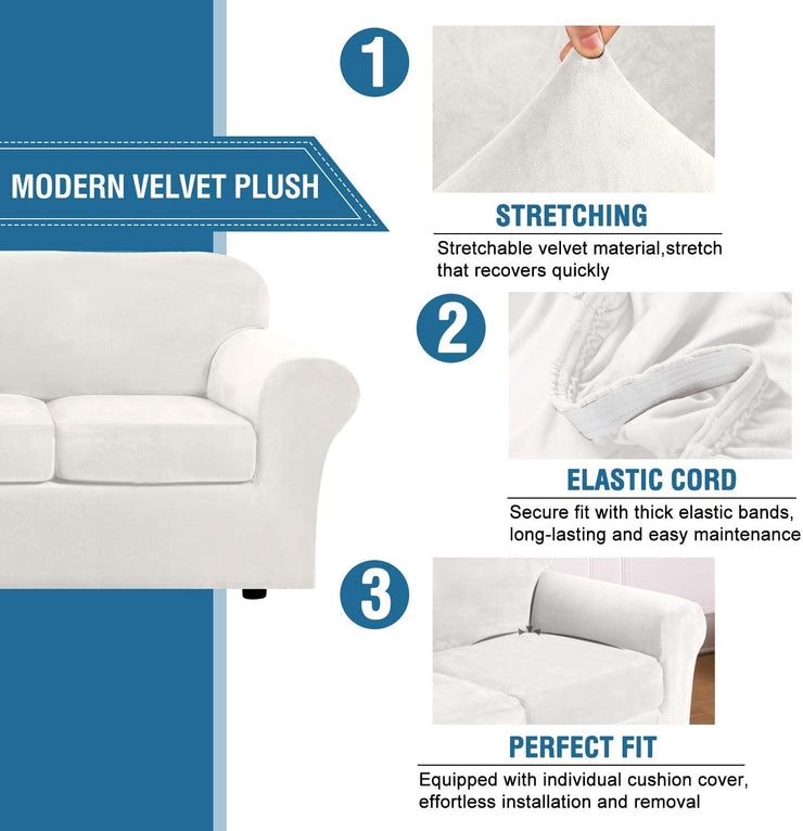 H.VERSAILTEX Modern Velvet Plush 4 Piece High Stretch Sofa Slipcover Strap Sofa